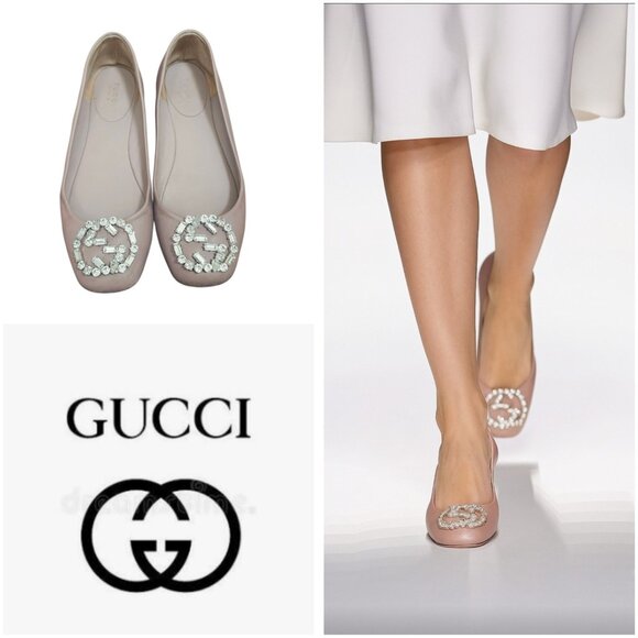 Gucci Women's Ballet Flats Pink Satin Square Toe GG Crystal Logo Designer Shoes - Picture 1 of 14